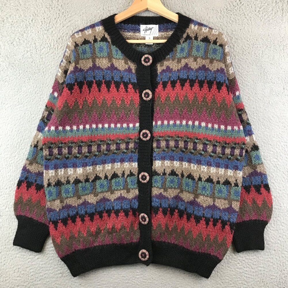 Vintage Hallet San Francisco Apaca Wool Multicolor Geometric Cardigan Sweater S